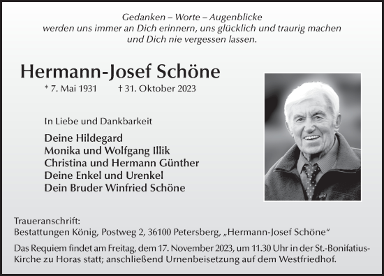 Traueranzeige von Hermann-Josef Schöne von FZ