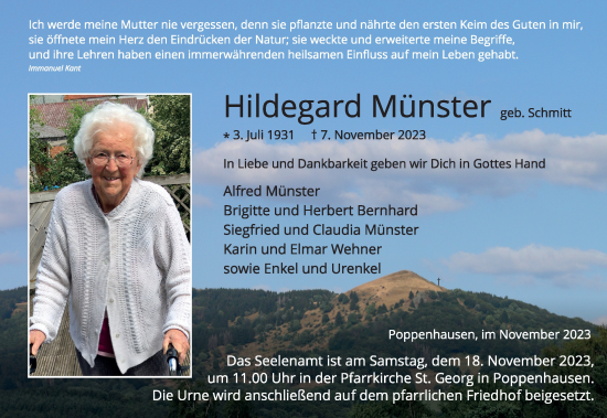 Traueranzeige von Hildegard Münster von FZ