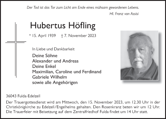 Traueranzeige von Hubertus Höfling von FZ