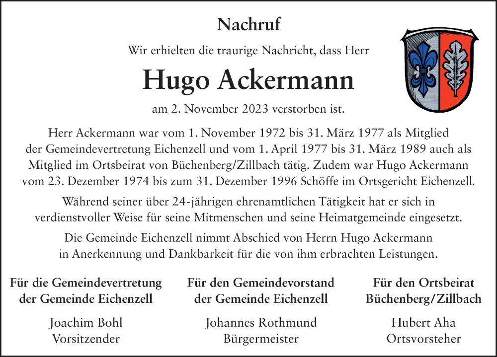  Traueranzeige für Hugo Ackermann vom 04.11.2023 aus FZ