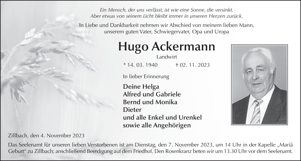  Traueranzeige für Hugo Ackermann vom 04.11.2023 aus FZ