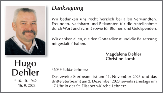 Traueranzeige von Hugo Dehler von FZ
