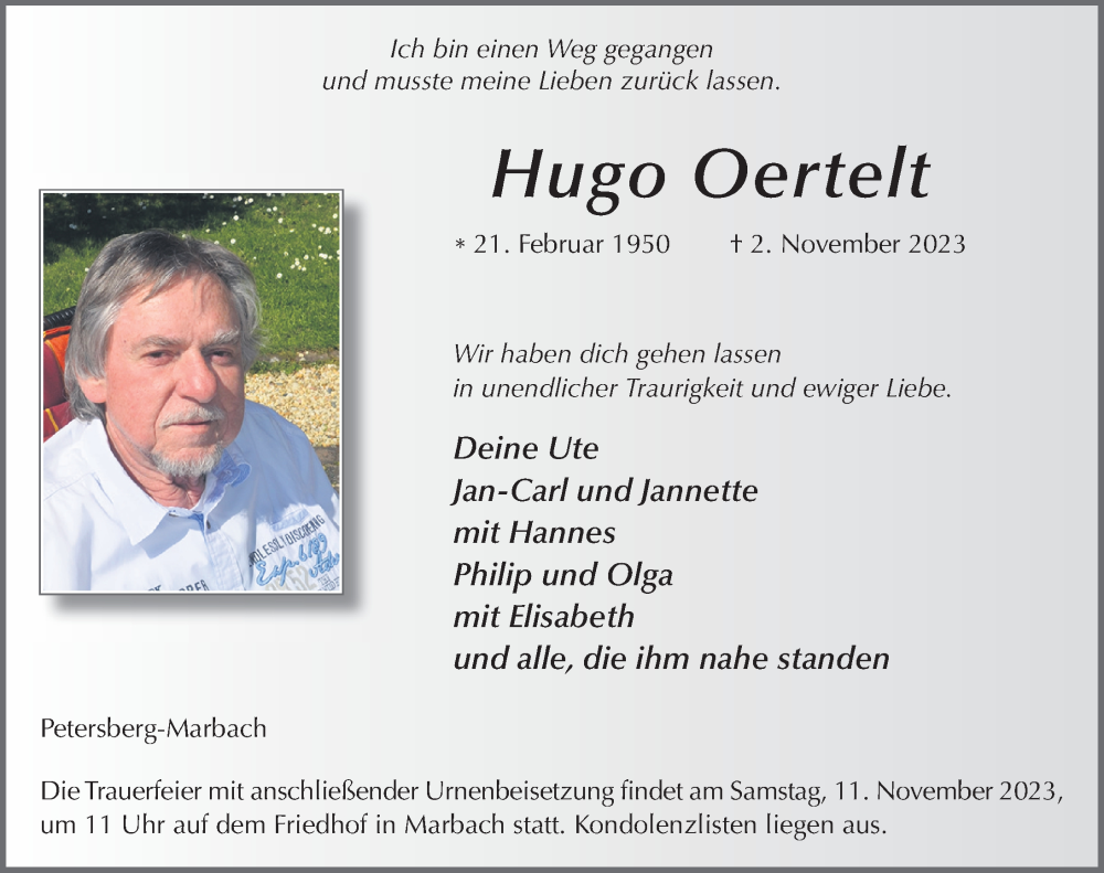  Traueranzeige für Hugo Oertelt vom 08.11.2023 aus FZ