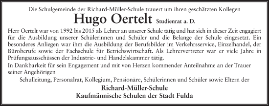 Traueranzeige von Hugo Oertelt von FZ