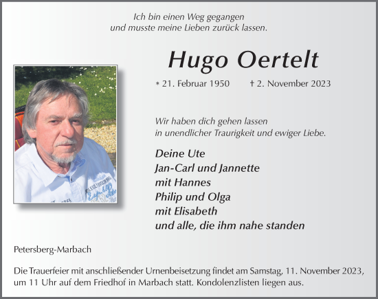 Traueranzeige von Hugo Oertelt von FZ