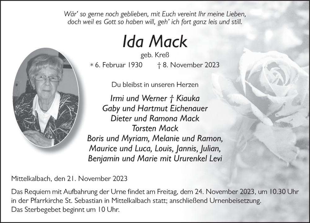  Traueranzeige für Ida Mack vom 21.11.2023 aus FZ