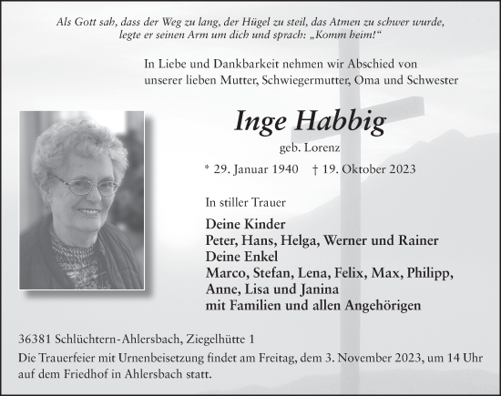 Traueranzeige von Inge Habbig von FZ