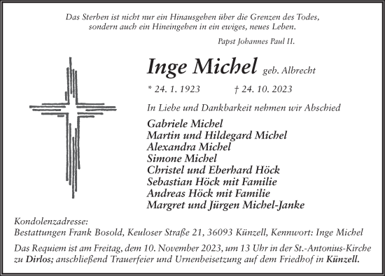 Traueranzeige von Inge Michel von FZ