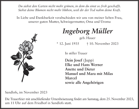 Traueranzeige von Ingeborg Müller von FZ