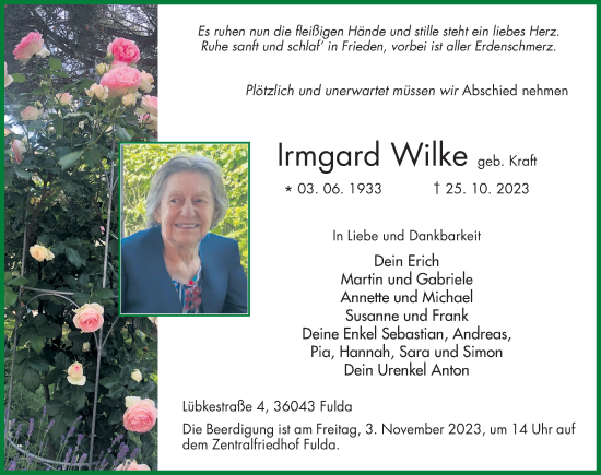 Traueranzeige von Irmgard Wilke von FZ