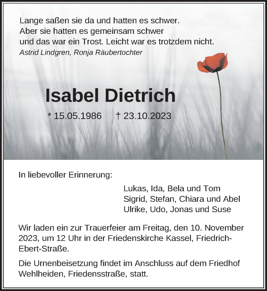  Traueranzeige für Isabel Dietrich vom 04.11.2023 aus FZ