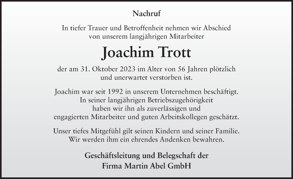  Traueranzeige für Joachim Trott vom 11.11.2023 aus FZ