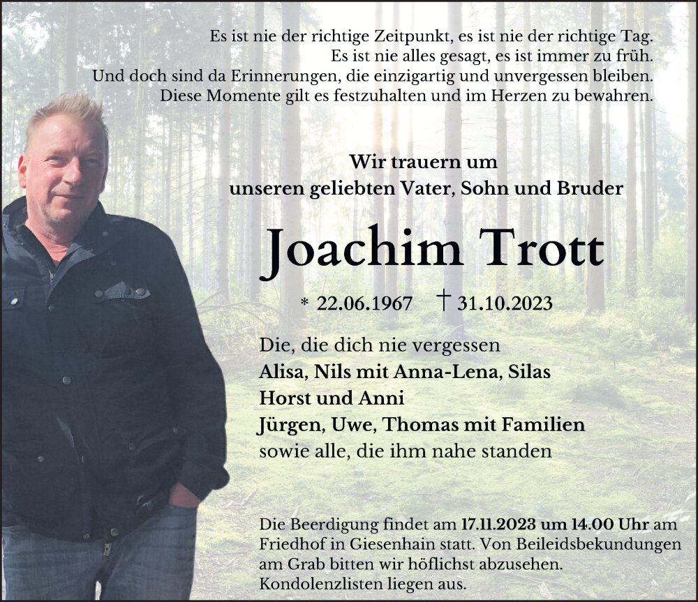  Traueranzeige für Joachim Trott vom 11.11.2023 aus FZ