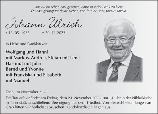 Traueranzeige von Johann Ulrich von FZ