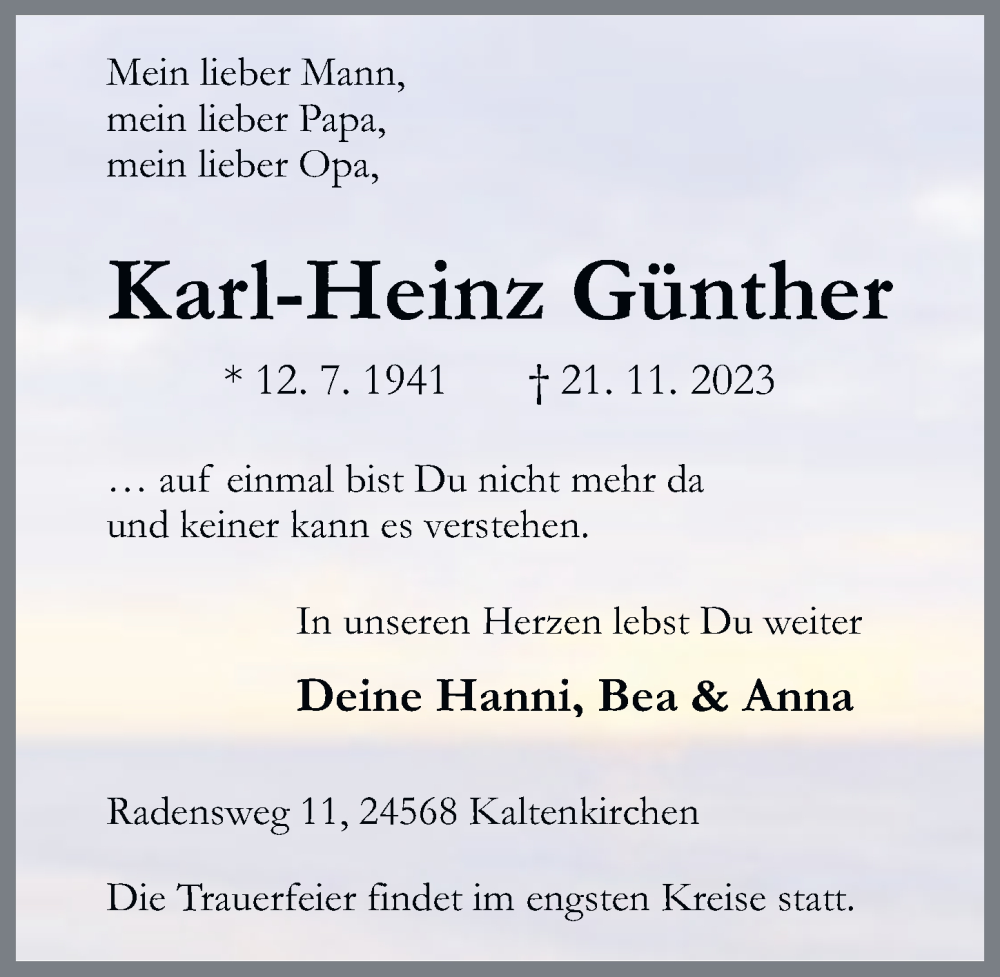  Traueranzeige für Karl-Heinz Günther vom 25.11.2023 aus FZ