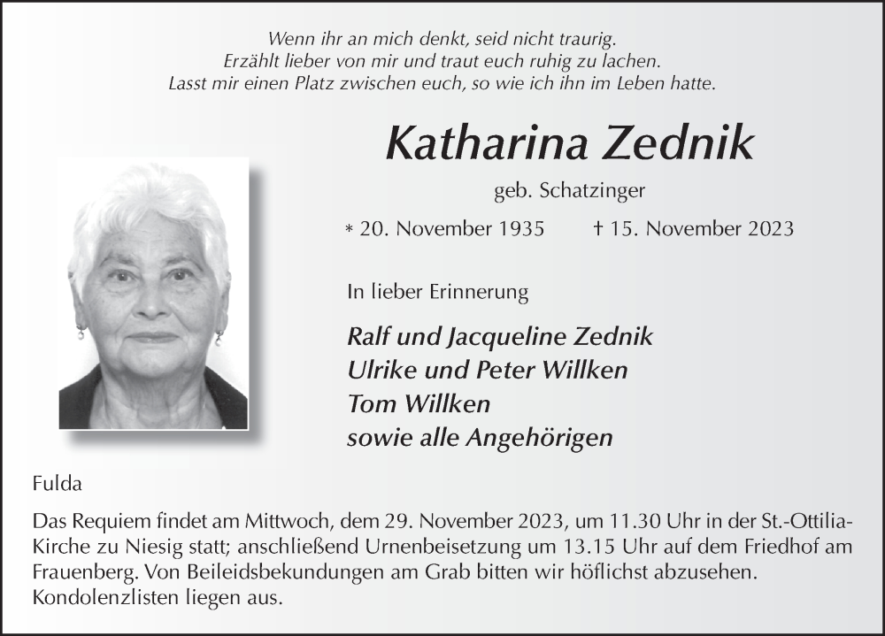  Traueranzeige für Katharina Zednik vom 25.11.2023 aus FZ