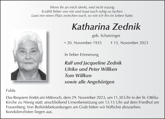 Traueranzeige von Katharina Zednik von FZ