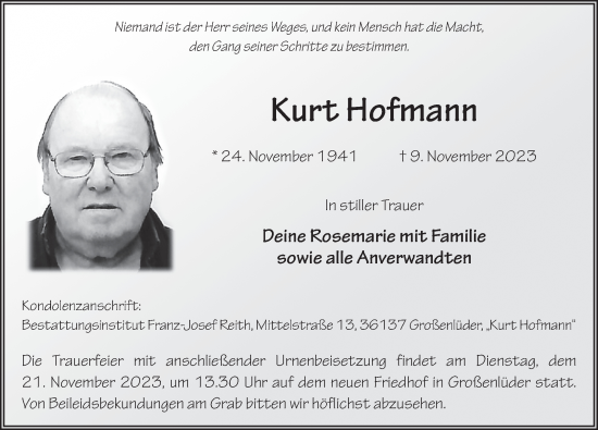 Traueranzeige von Kurt Hofmann von FZ