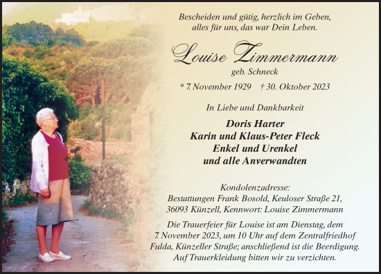 Traueranzeige von Louise Zimmermann von FZ