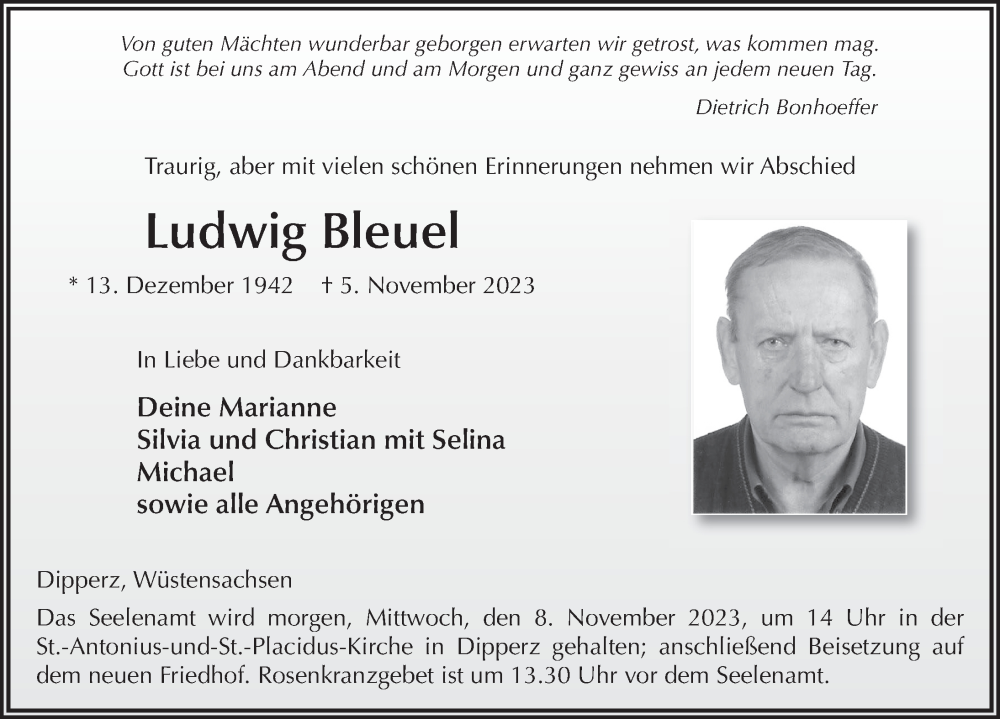  Traueranzeige für Ludwig Bleuel vom 07.11.2023 aus FZ