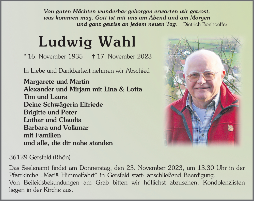  Traueranzeige für Ludwig Wahl vom 21.11.2023 aus FZ