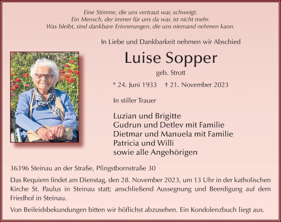 Traueranzeige von Luise Sopper von FZ