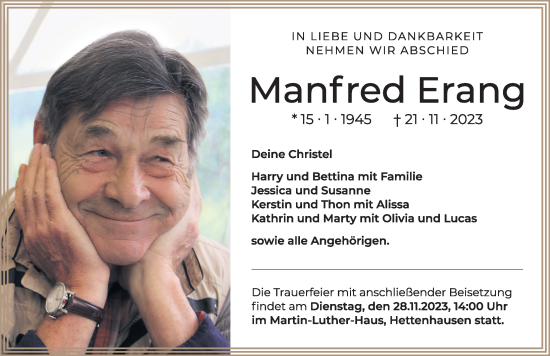 Traueranzeige von Manfred Erang von FZ