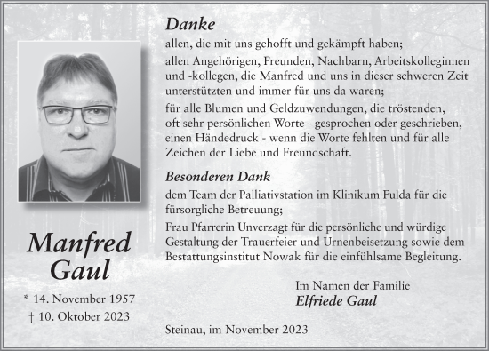 Traueranzeige von Manfred Gaul von FZ