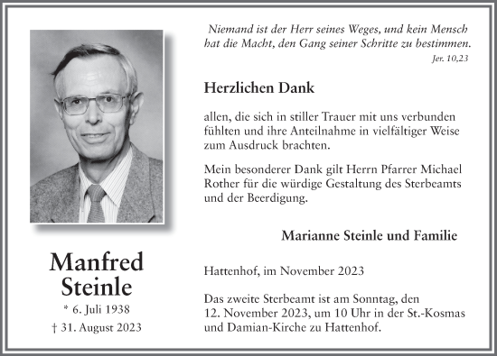 Traueranzeige von Manfred Steinle von FZ