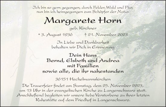 Traueranzeige von Margarete Horn von FZ