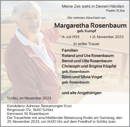 Traueranzeige von Margaretha Rosenbaum von FZ
