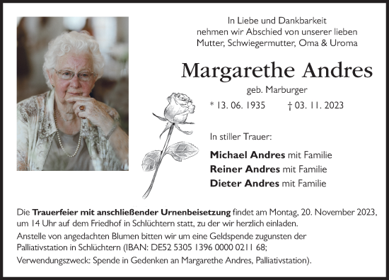 Traueranzeige von Margarethe Andres von FZ