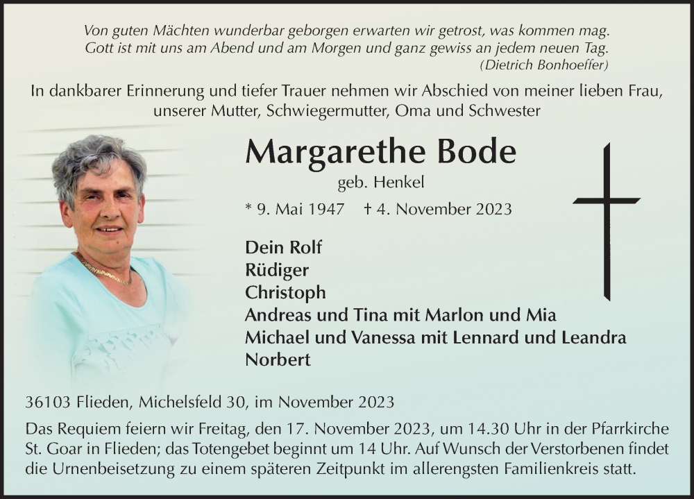  Traueranzeige für Margarethe Bode vom 11.11.2023 aus FZ
