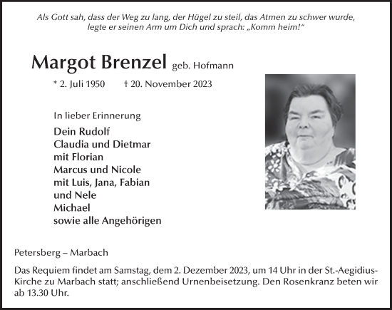 Traueranzeige von Margot Brenzel von FZ