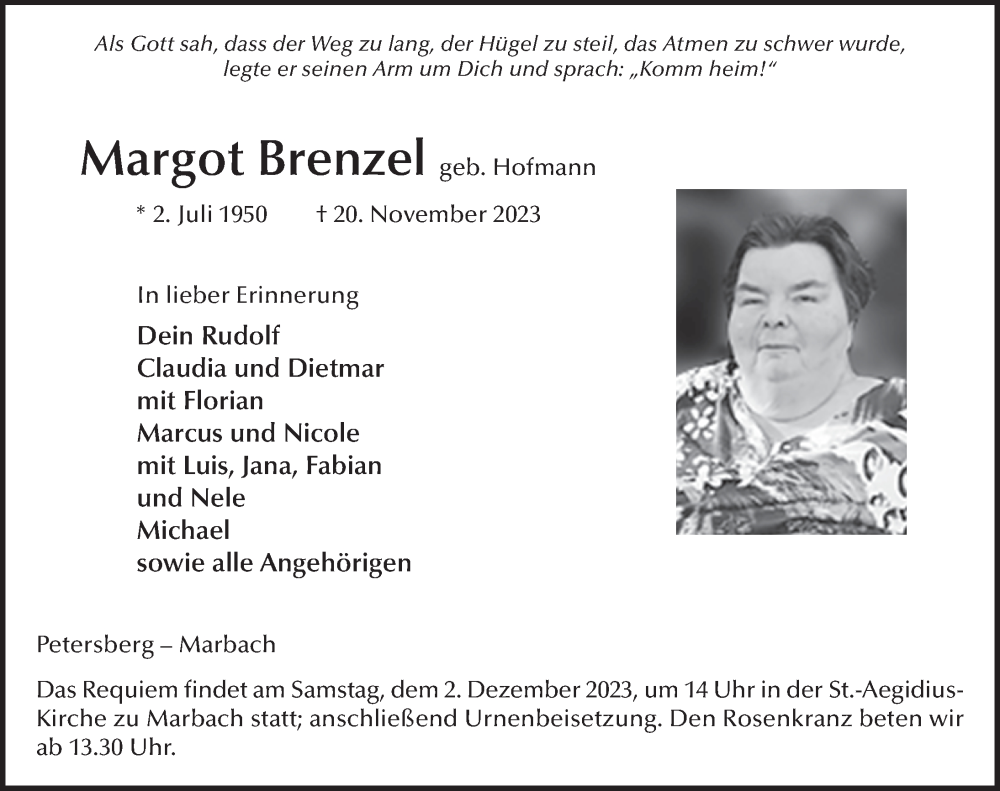  Traueranzeige für Margot Brenzel vom 25.11.2023 aus FZ