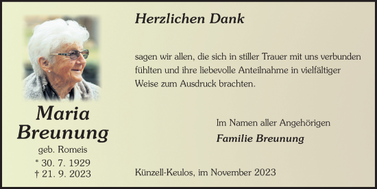 Traueranzeige von Maria Breunung von FZ