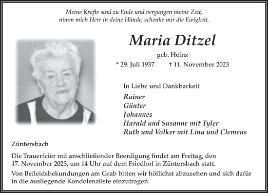 Traueranzeige von Maria Ditzel von FZ