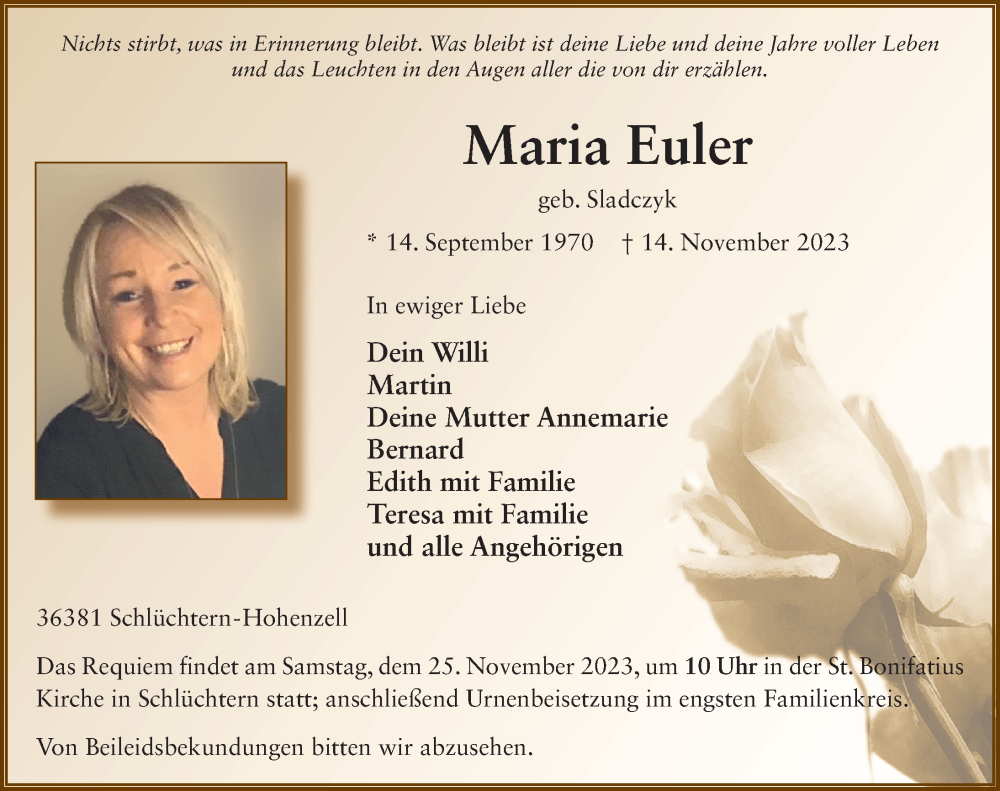  Traueranzeige für Maria Euler vom 21.11.2023 aus FZ