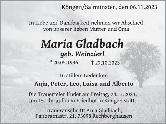 Traueranzeige von Maria Gladbach von FZ