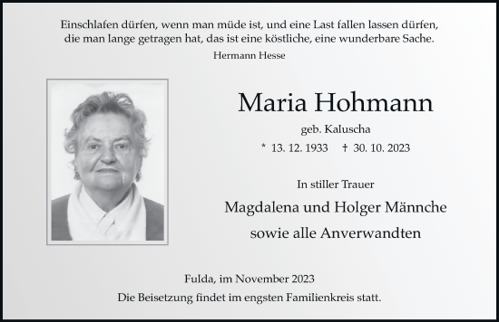Traueranzeige von Maria Hohmann von FZ