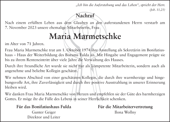 Traueranzeige von Maria Marmetschke von FZ