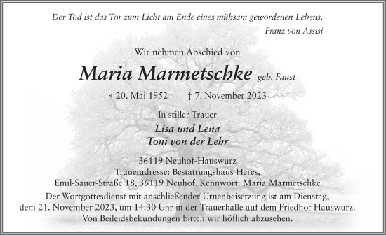 Traueranzeige von Maria Marmetschke von FZ