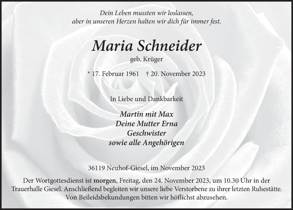  Traueranzeige für Maria Schneider vom 23.11.2023 aus FZ