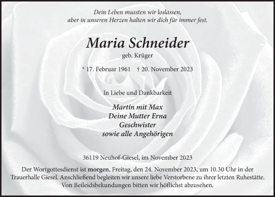 Traueranzeige von Maria Schneider von FZ