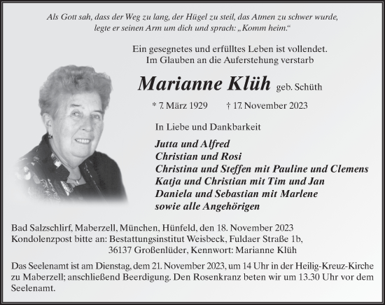 Traueranzeige von Marianne Klüh von FZ