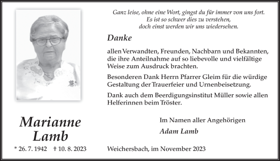 Traueranzeige von Marianne Lamb von FZ