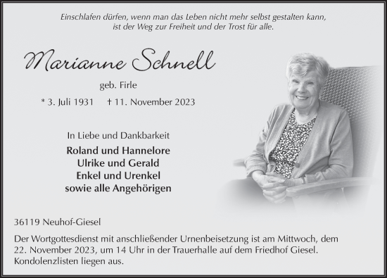 Traueranzeige von Marianne Schnell von FZ