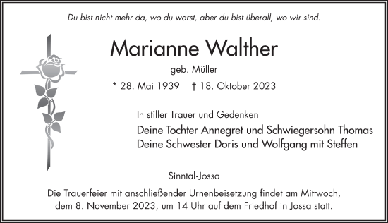 Traueranzeige von Marianne Walther von FZ