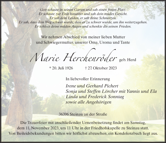 Traueranzeige von Marie Herchenröder von FZ