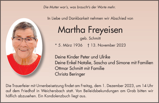 Traueranzeige von Martha Freyeisen von FZ